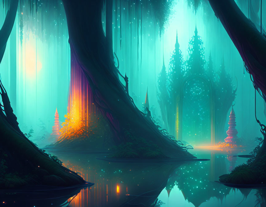 Enchanting mystical forest with towering trees and serene river