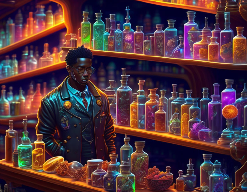 Detailed Leather Jacket Wearer in Potion Shop With Glowing Bottles