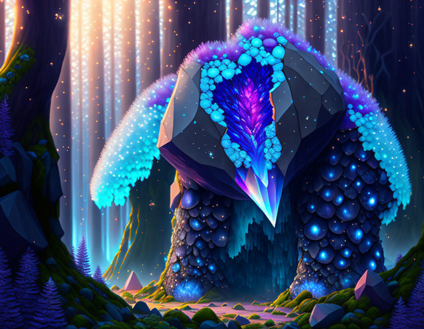 Mystical forest with glowing crystal and luminescent flora