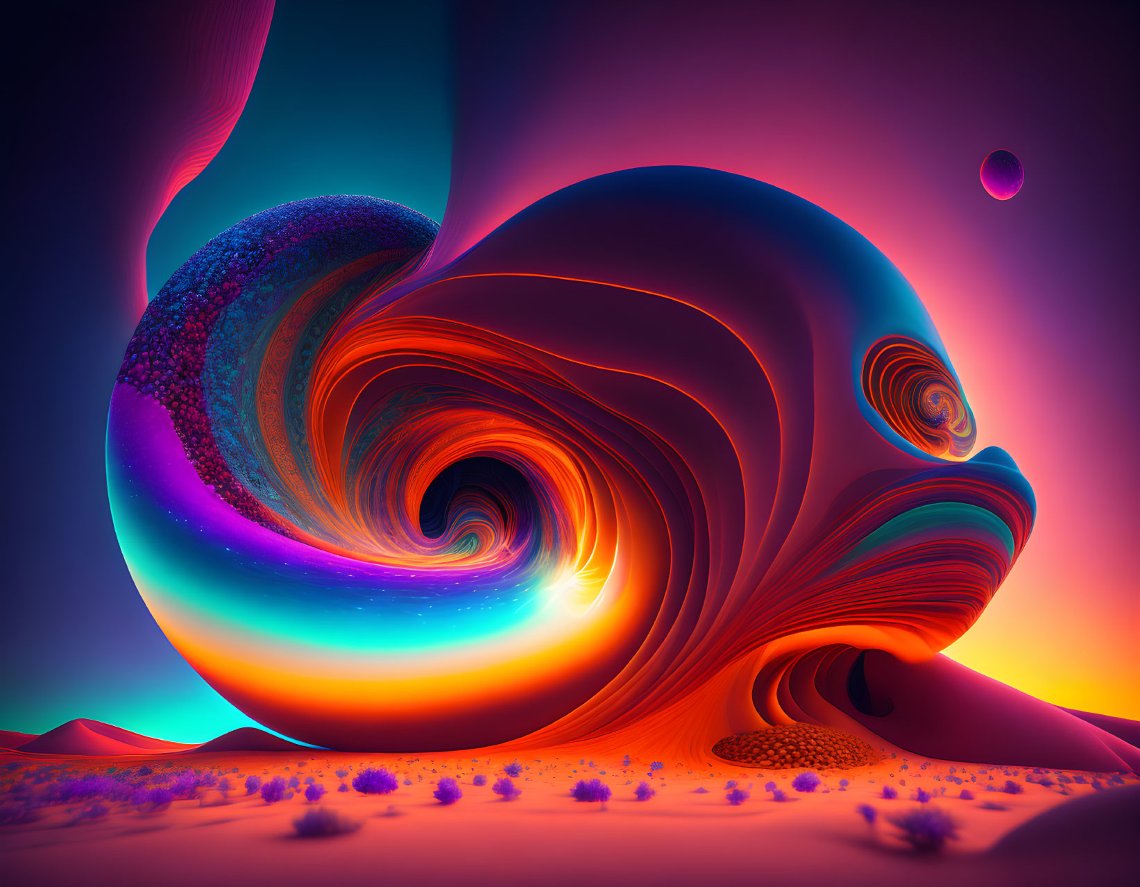 Colorful digital art: Swirling shapes on alien landscape