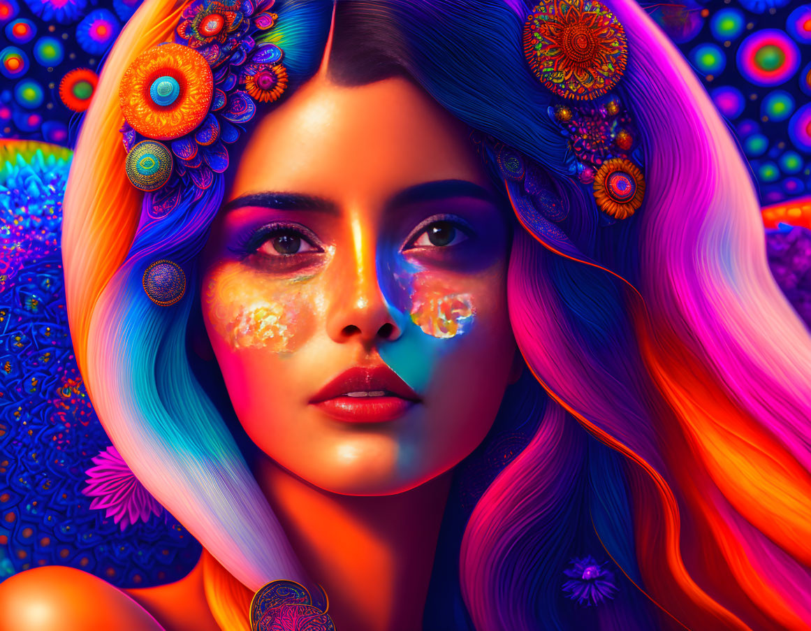 Colorful digital artwork of woman with vibrant makeup and psychedelic patterns