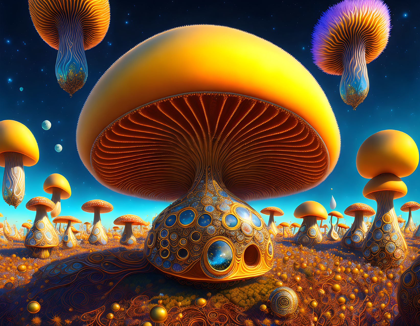 Colorful Whimsical Mushroom Landscape with Alien Terrain