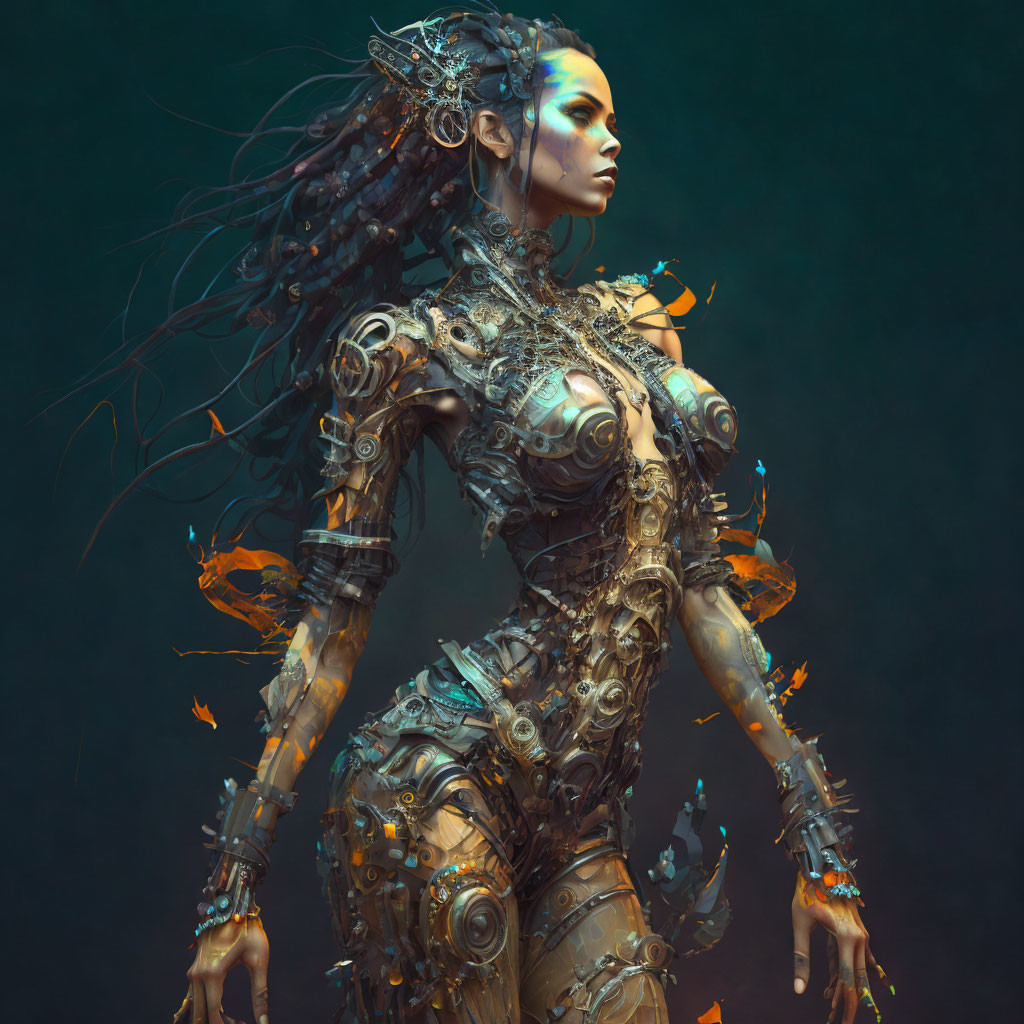 Futuristic female figure in mechanical body armor with blue facial markings against teal backdrop with orange leaves.