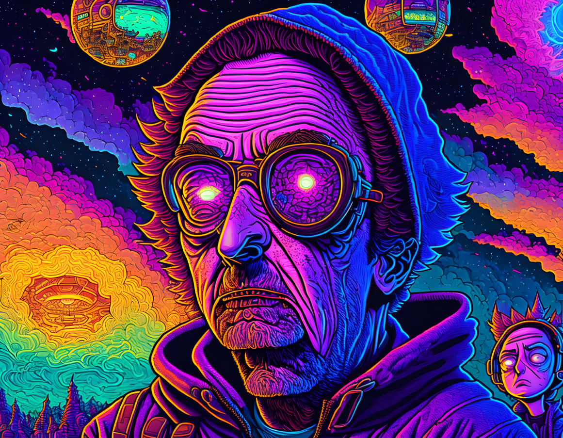 Colorful portrait of man with glasses and facial hair in psychedelic setting