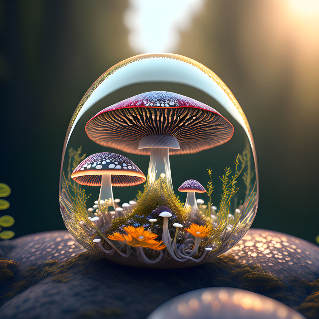 Vibrant oversized mushrooms in transparent sphere artwork