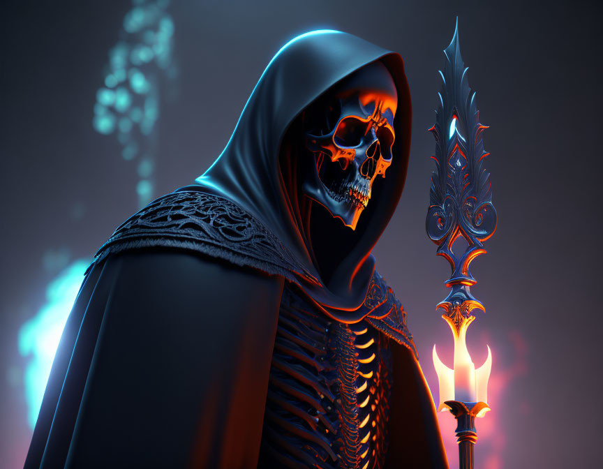 Digital art: Hooded skeletal figure with flaming staff on mystical blue background