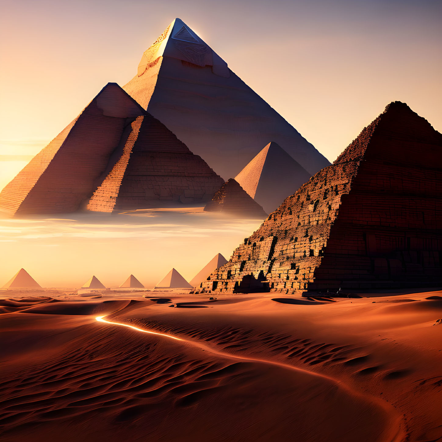 Ancient pyramids in golden desert sunlight