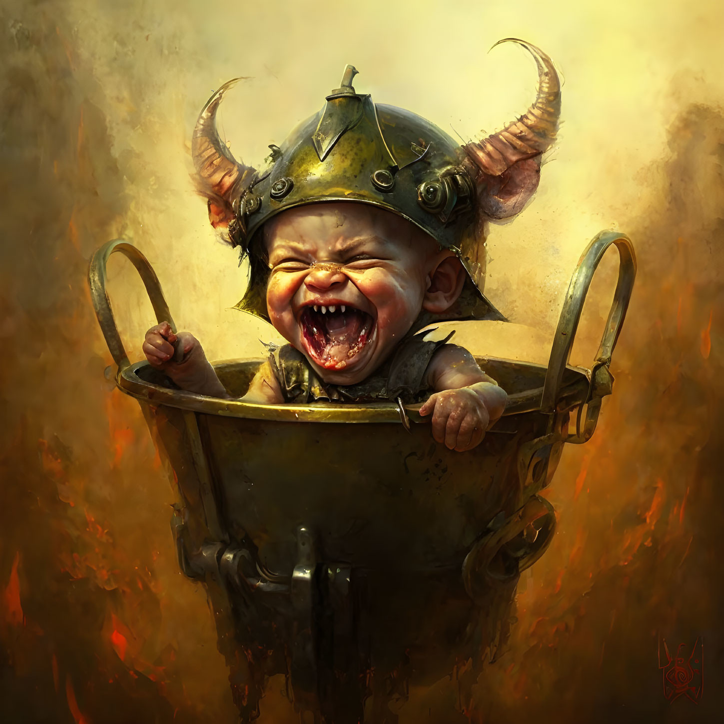 Baby in Viking helmet standing in cauldron with fiery background