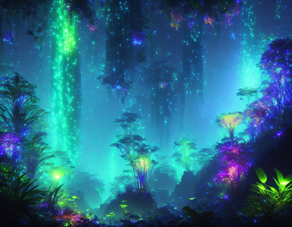 Ethereal forest with glowing flora and cascading light beams