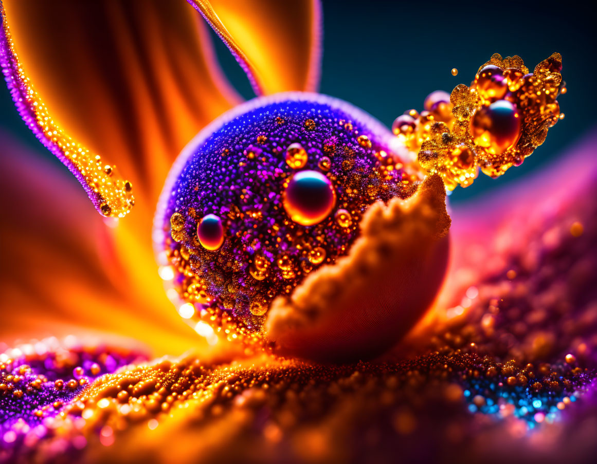 Macro photograph of dew-covered sphere with crystalline structures in colorful backdrop