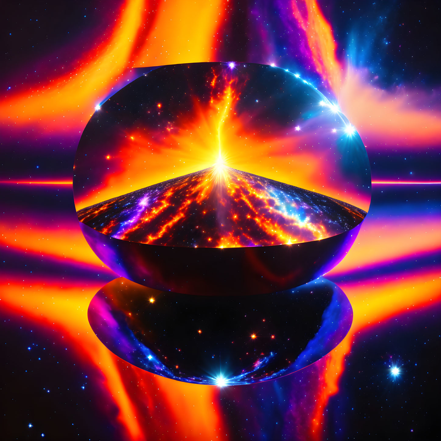 Colorful cosmic scene with reflective glass sphere in deep space