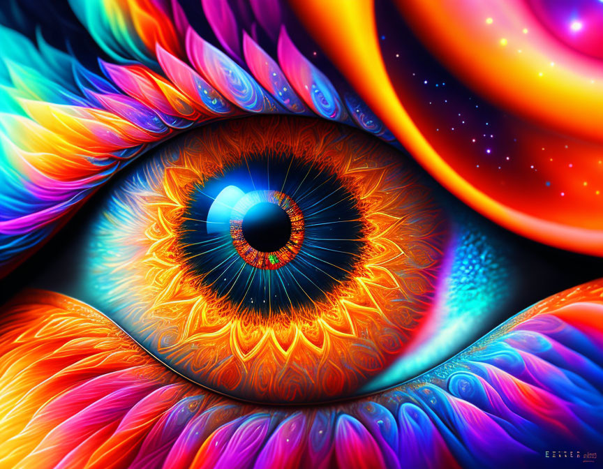 Colorful digital artwork: Eye with abstract flames & feathers