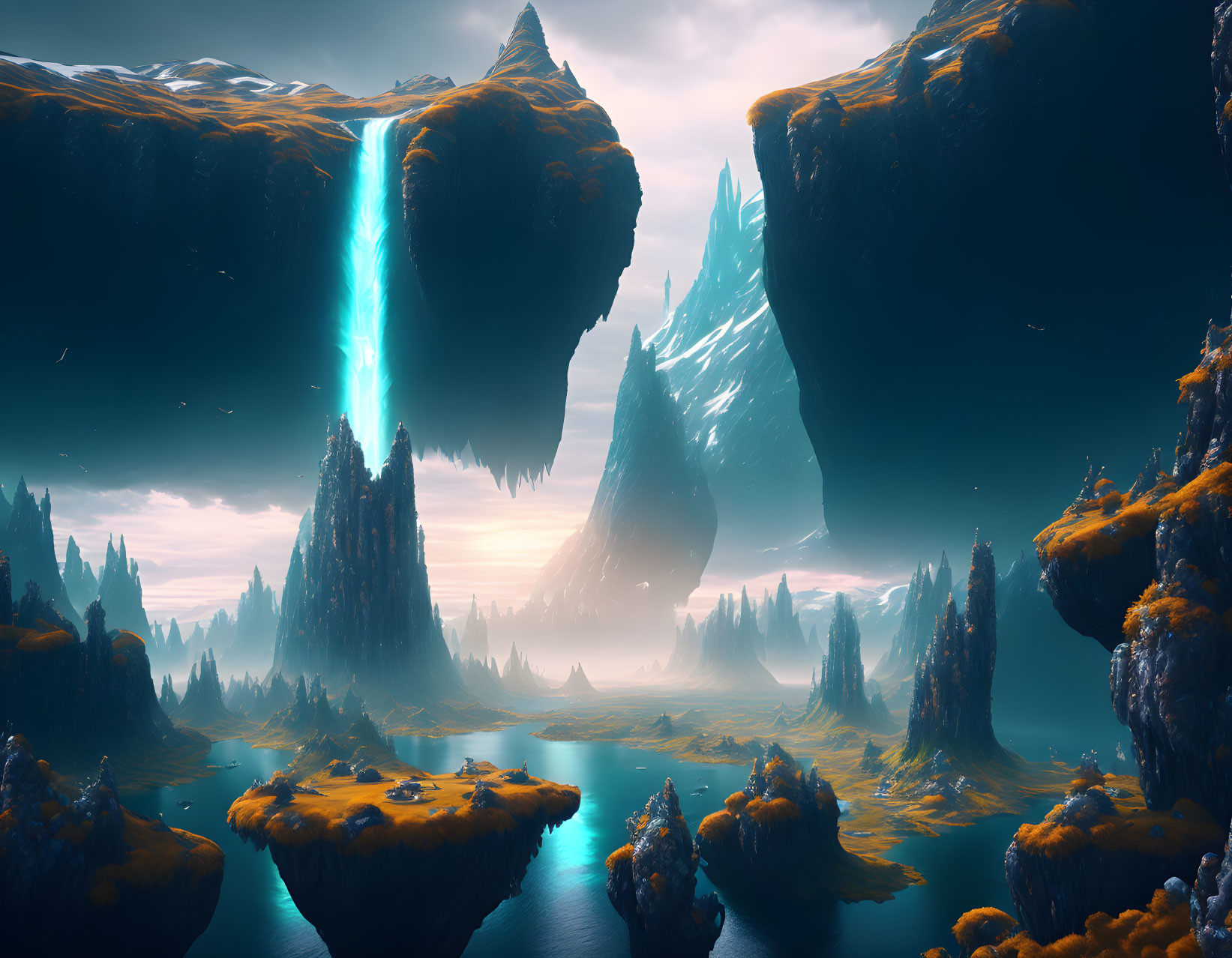 Majestic fantasy landscape with rock formations, waterfalls, and misty forests