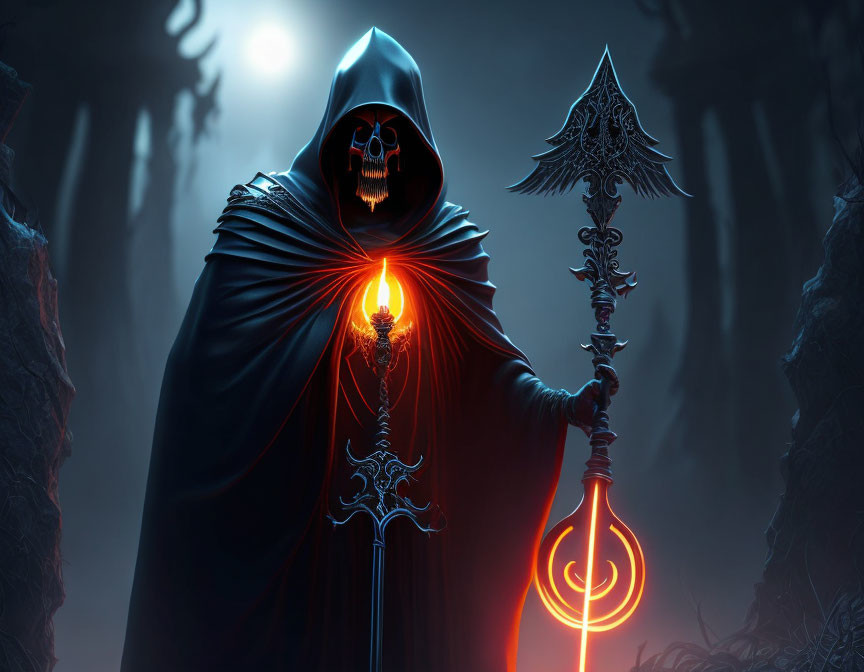 Hooded figure with skull face in misty forest holding orb and scythe