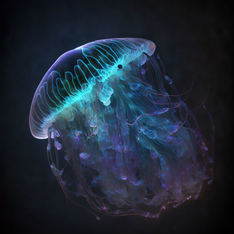 Bioluminescent jellyfish with glowing blue and purple tentacles on dark background