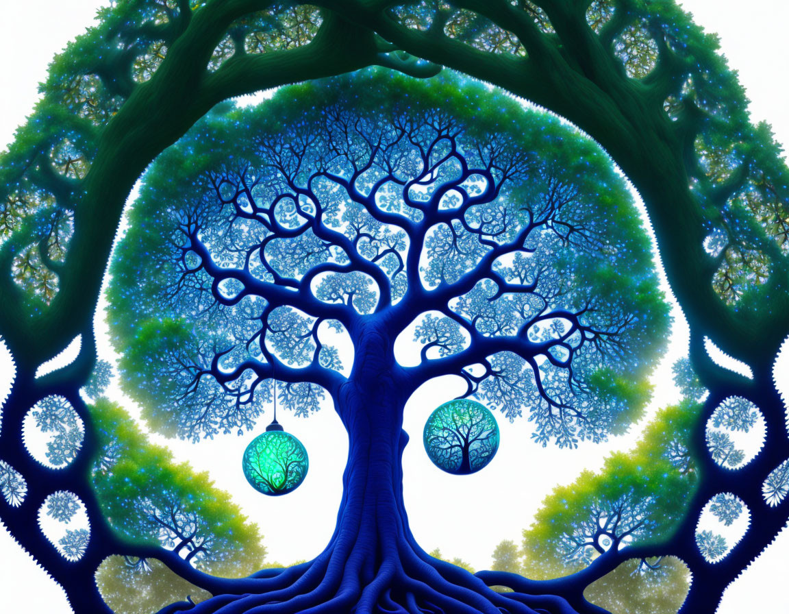 Colorful digital artwork: Central tree with circular branches on teal background.