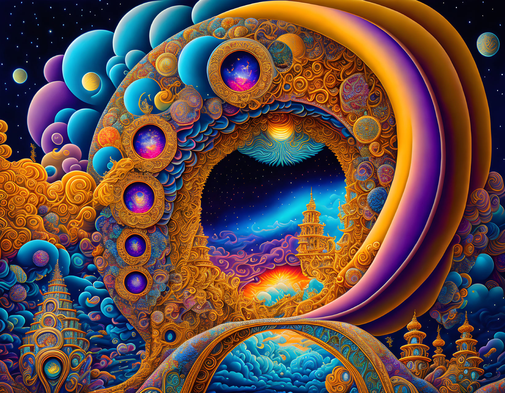 Colorful Psychedelic Art with Celestial Bodies and Patterns