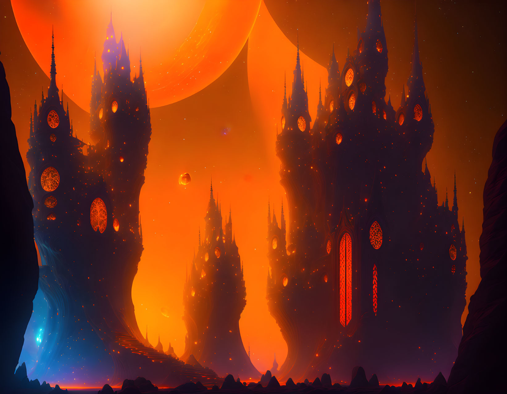 Sci-fi landscape with spire-like structures under an orange sky