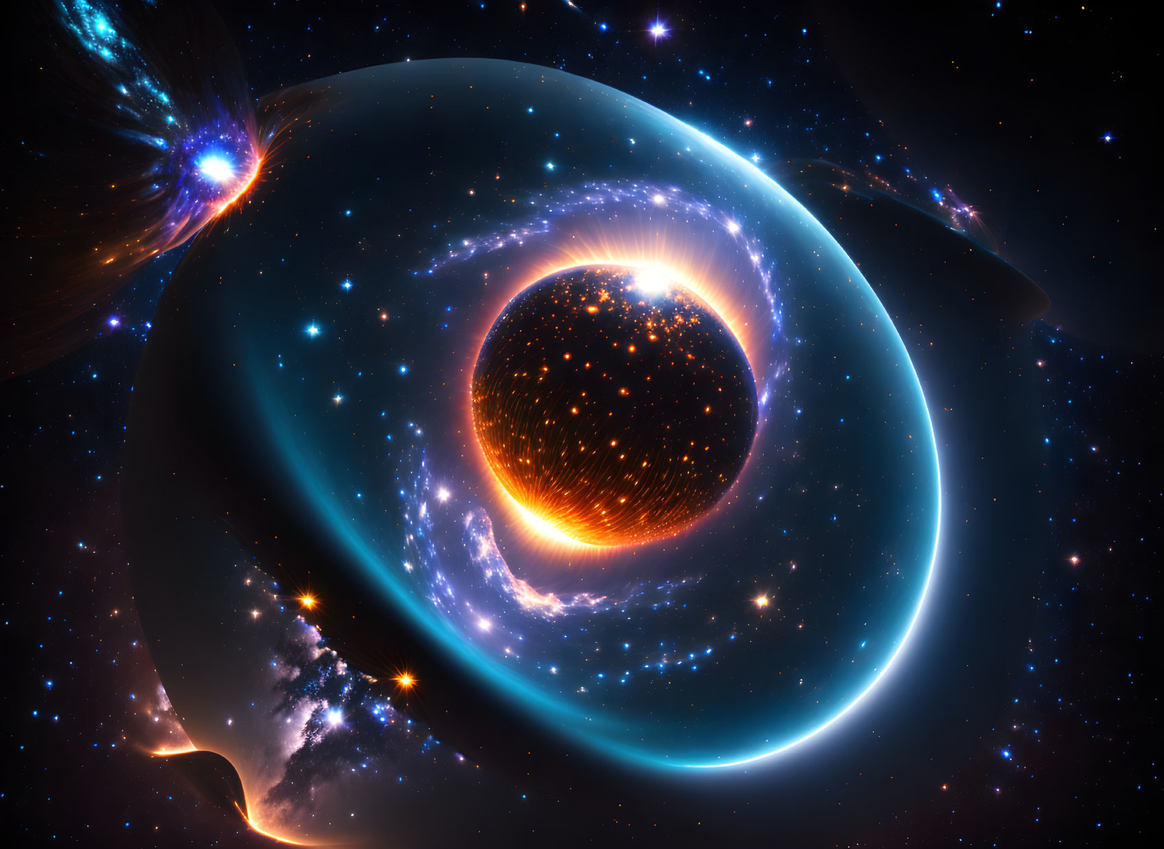 Glowing ringed celestial body in vibrant cosmic scene