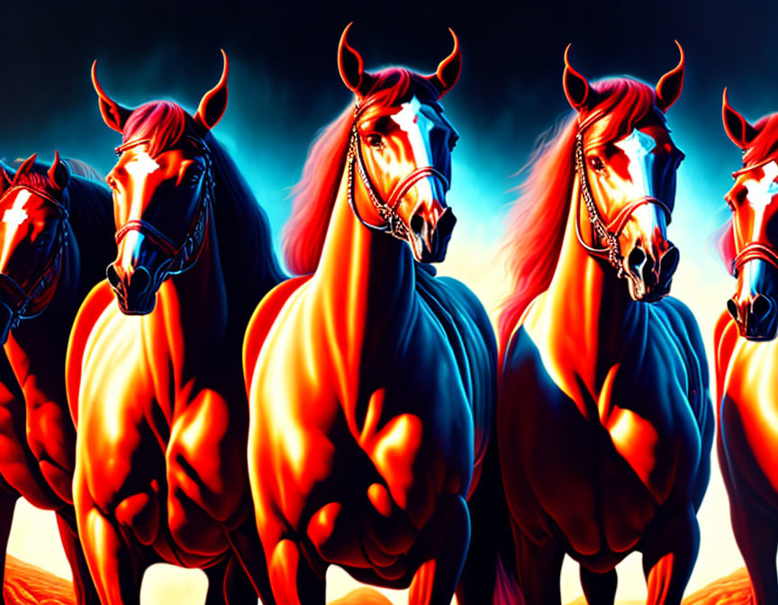 Vibrant red horses with glowing horns on blue background