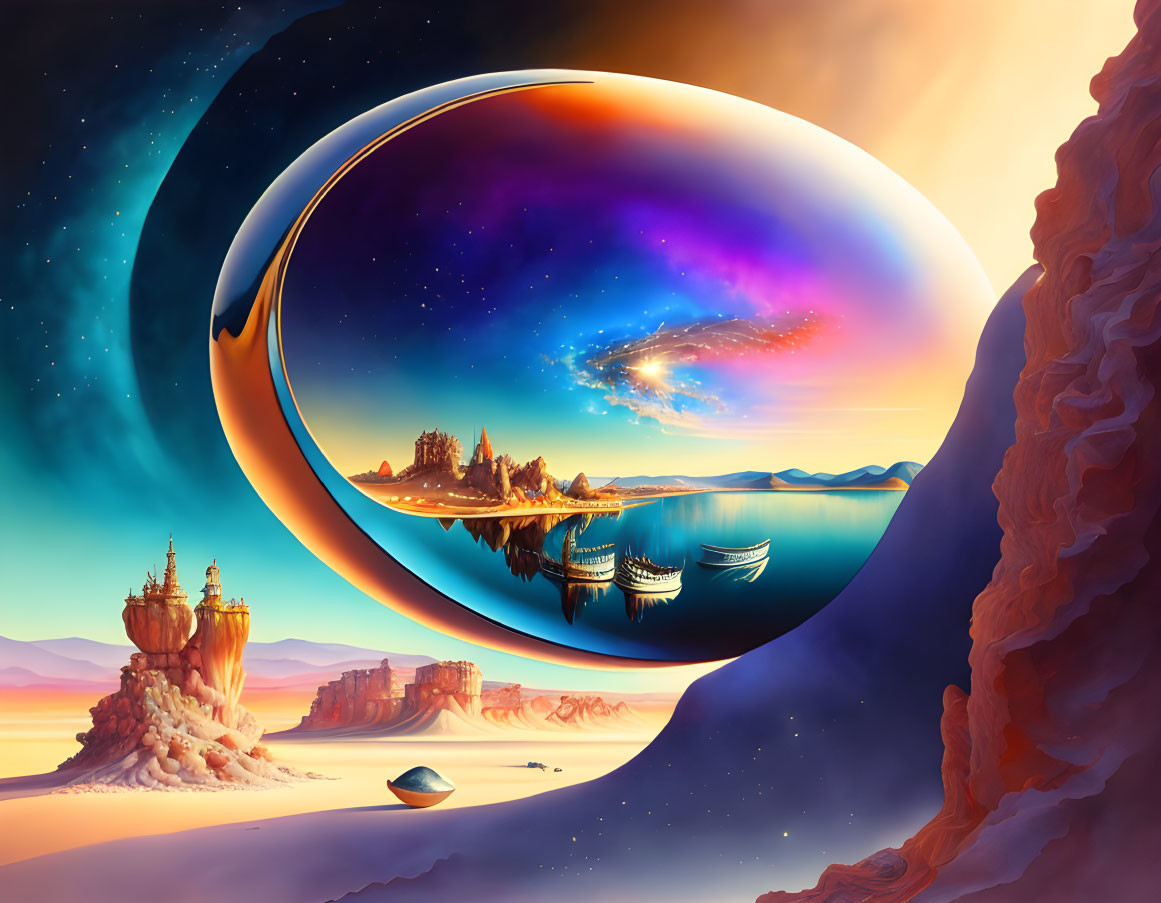 Colossal reflective sphere in cosmic landscape with starry sky and floating castles