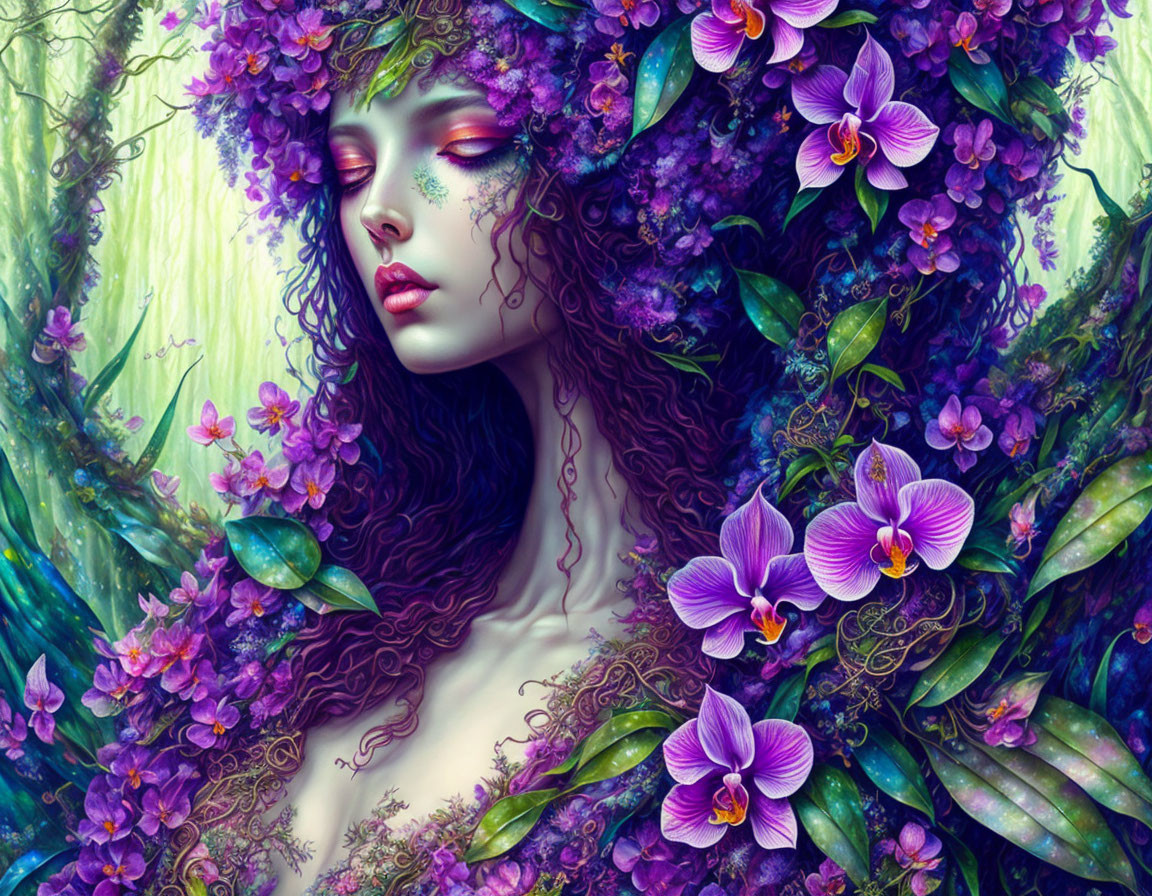 Surreal portrait of woman with purple floral elements and greenery