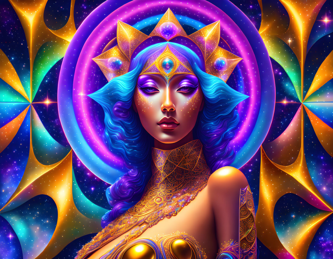 Cosmic woman with blue hair in celestial-themed digital artwork