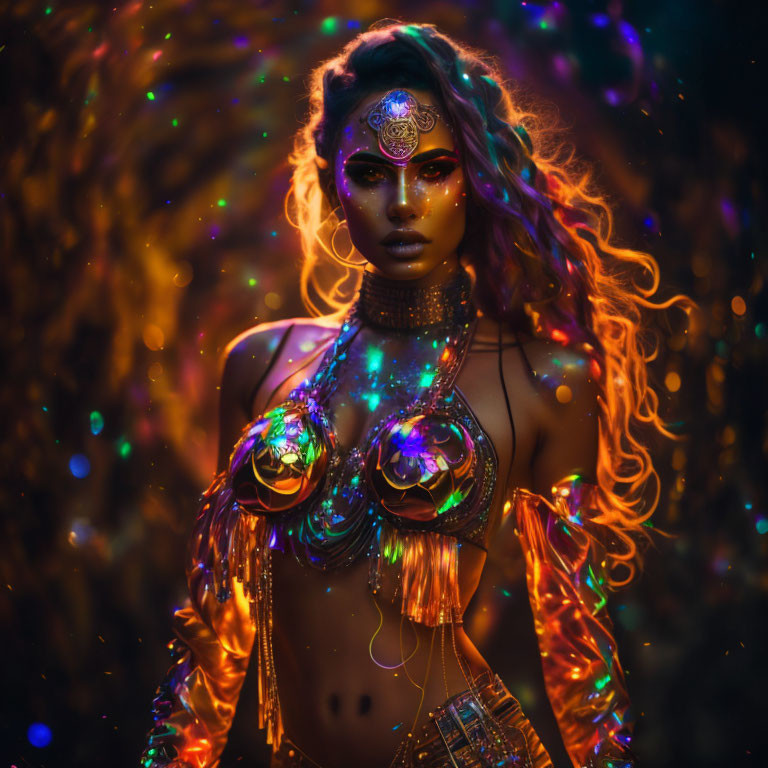 Colorful Body Paint and Glowing Accessories on Woman in Mystical Setting