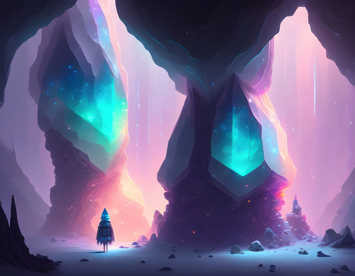 Fantastical cave with glowing crystals under starry sky