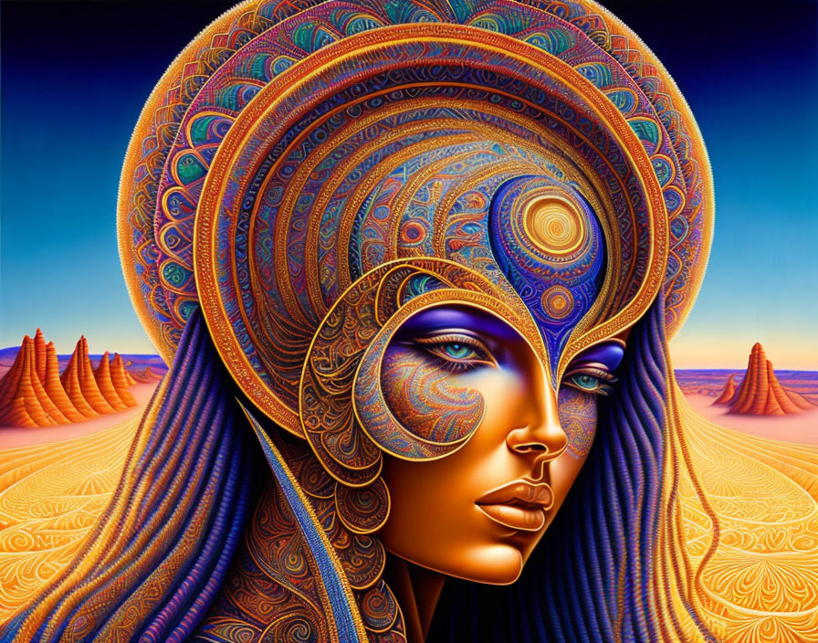 Colorful digital artwork of stylized female figure with intricate headgear in desert landscape