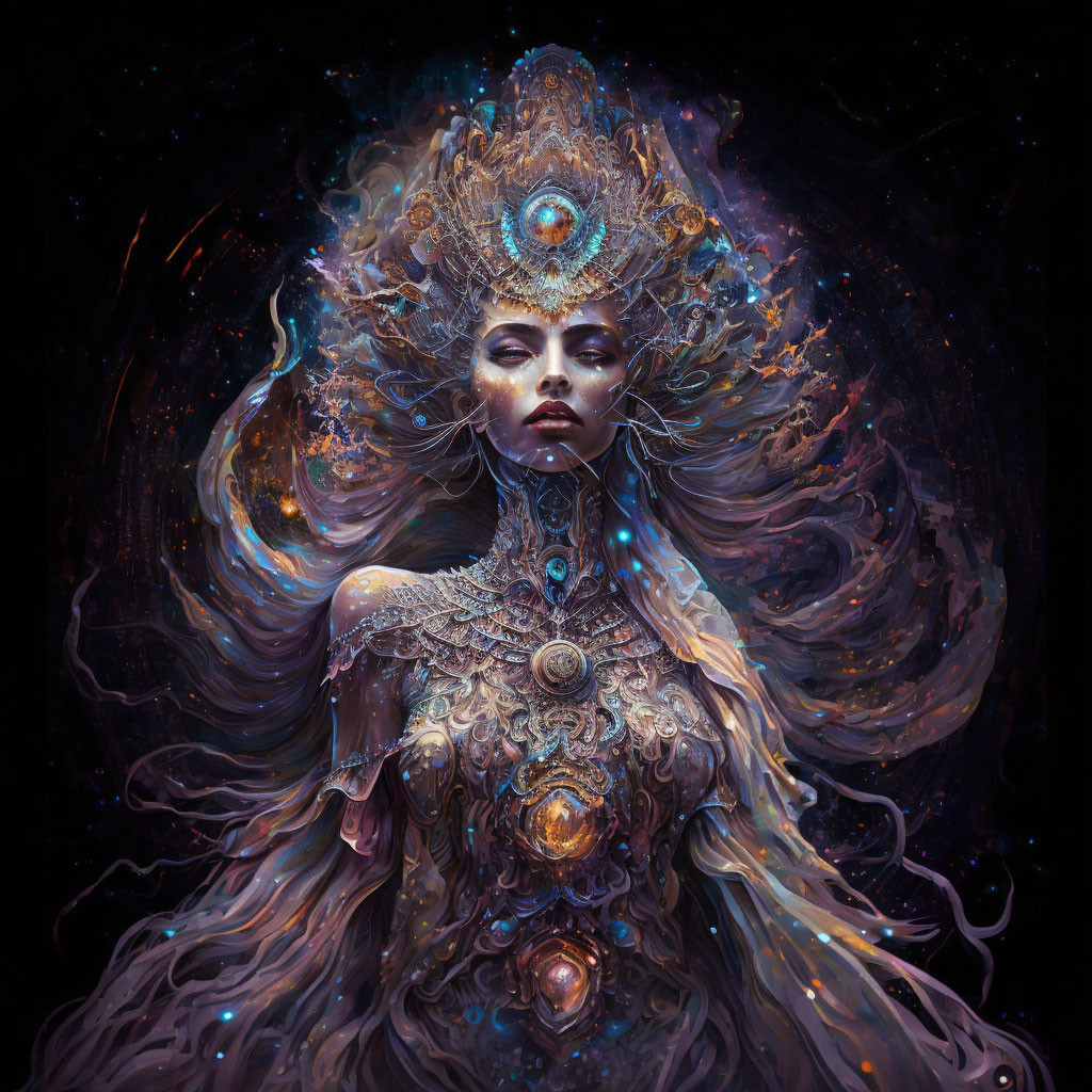 Portrait of woman with swirling cosmic hair and jewel-encrusted attire exuding regal aura