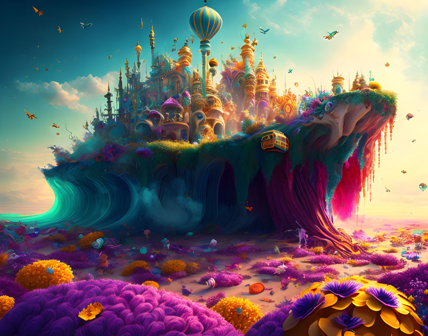 Majestic colorful castle on cliff in vibrant fantasy landscape