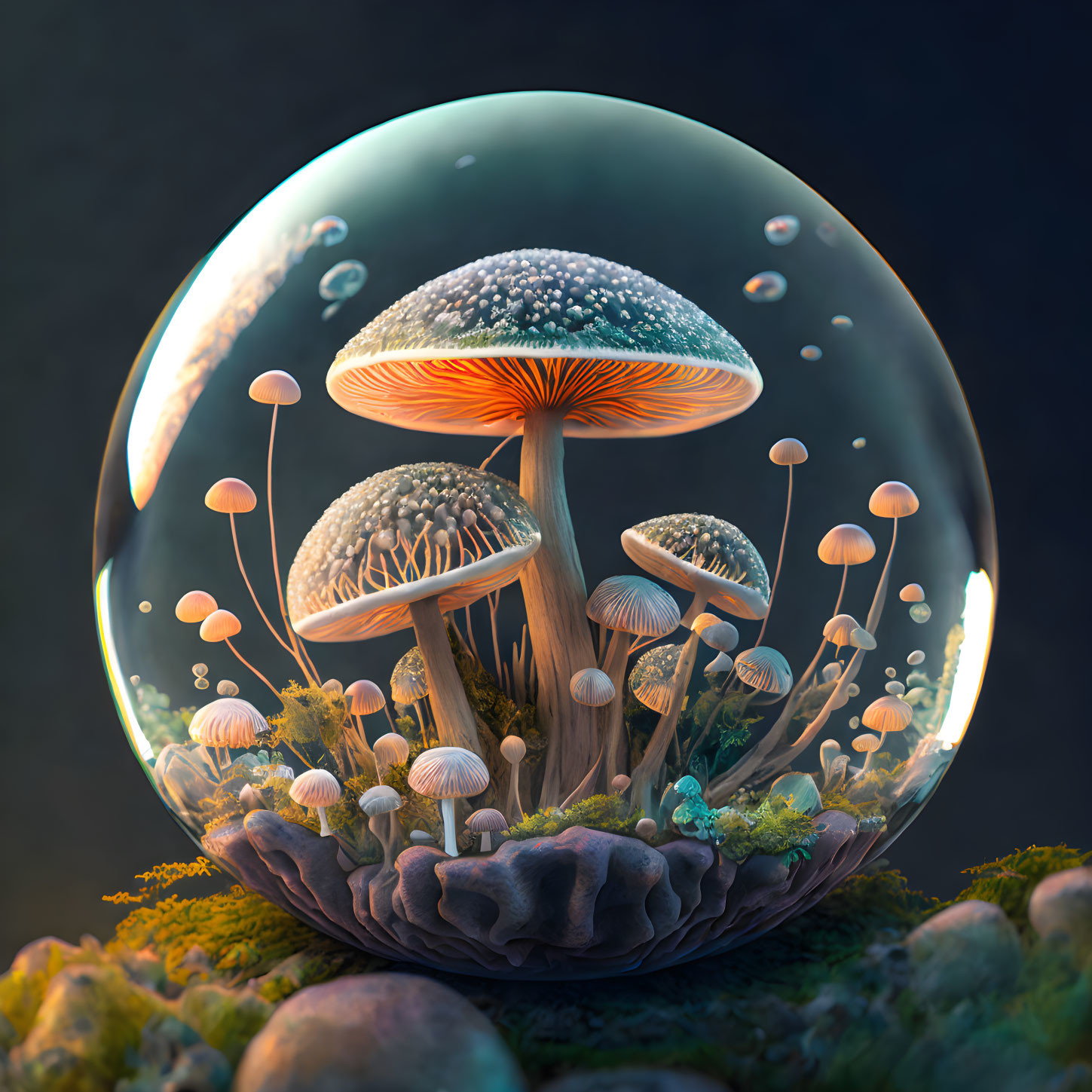 Luminescent mushrooms in transparent bubble on dark backdrop