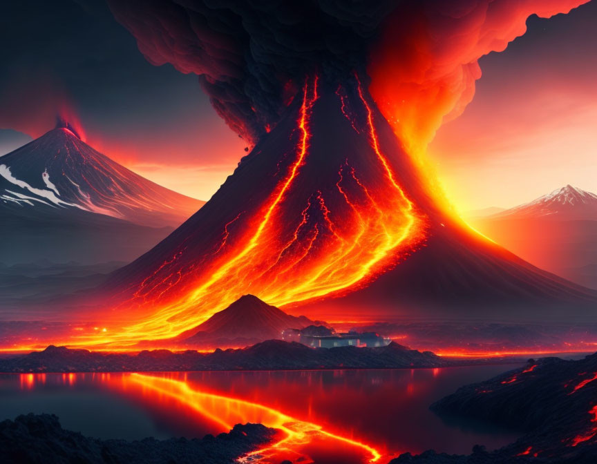 Erupting volcano with flowing lava and ash plume at dusk or dawn