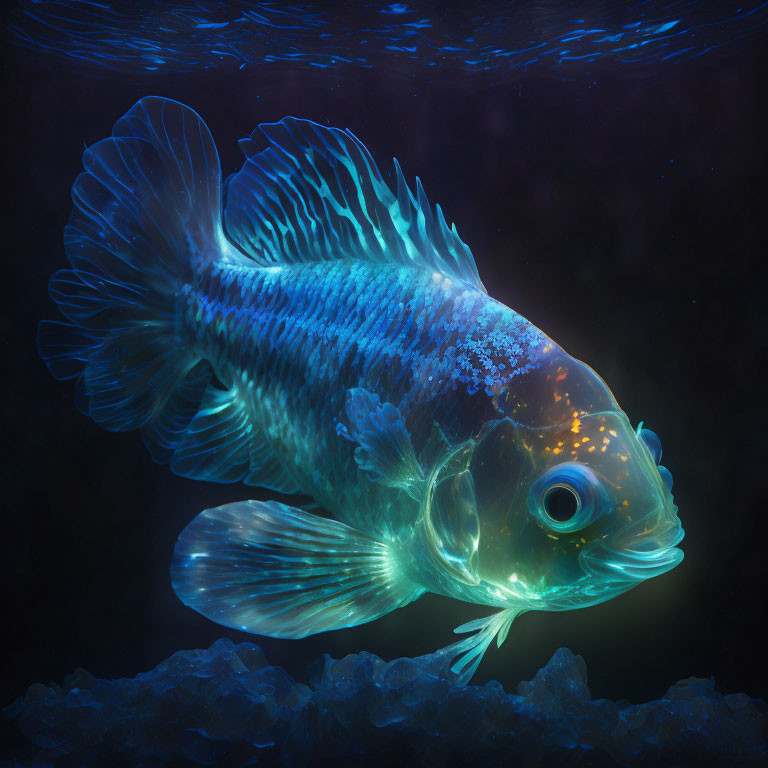 Iridescent fish with prominent fins and scales in mystical underwater scene