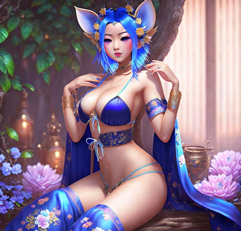 Stylized anthropomorphic female character with blue fox ears in intricate blue and gold outfit in fantasy setting