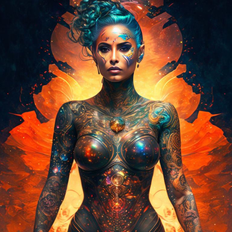 Digital artwork of woman with cosmic tattoos on fiery orange backdrop