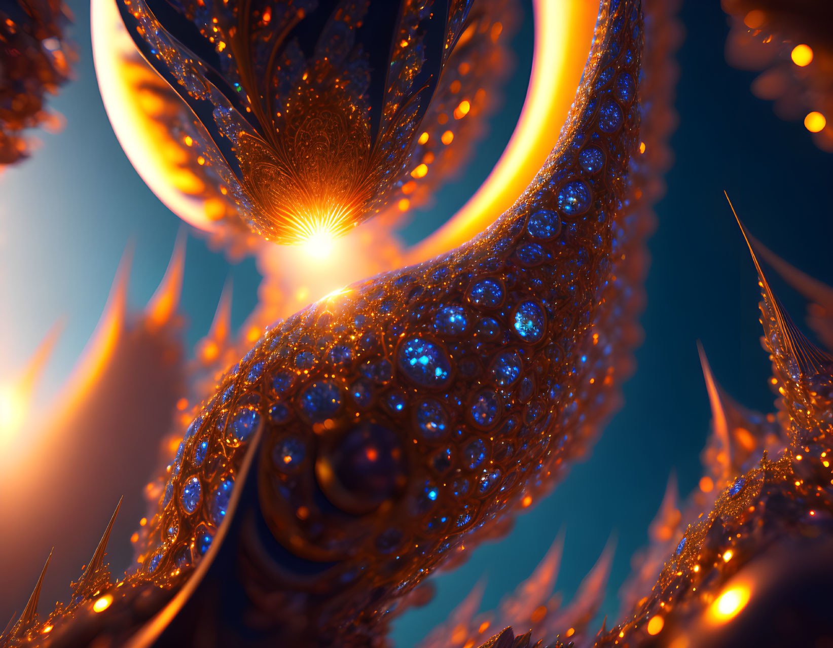 Vibrant abstract fractal art with orange and blue tentacles and glowing orbs