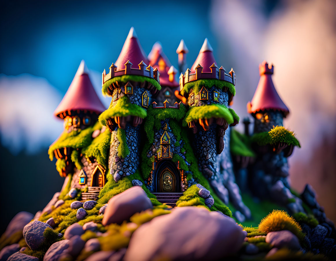 Miniature fantasy castle with greenery and reddish roofs on warm-toned blurred background