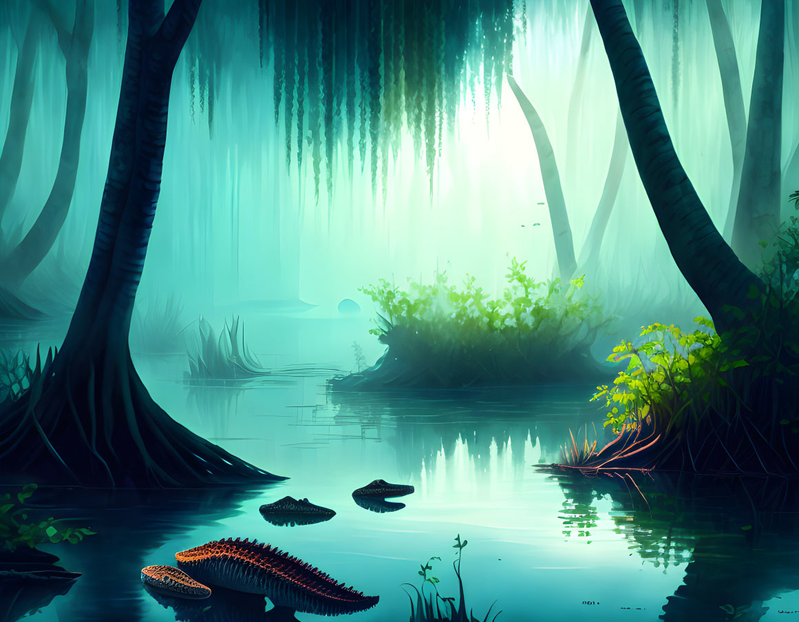 Mystical swamp with vibrant blue water and starfish-like creature