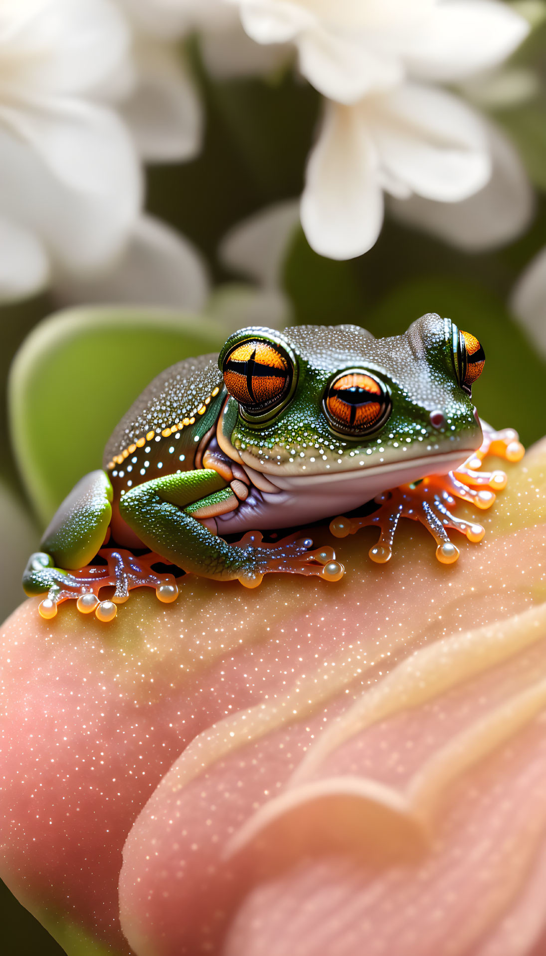 Colorful Frog Sitting on Pink Flower with Multi-Colored Eyes