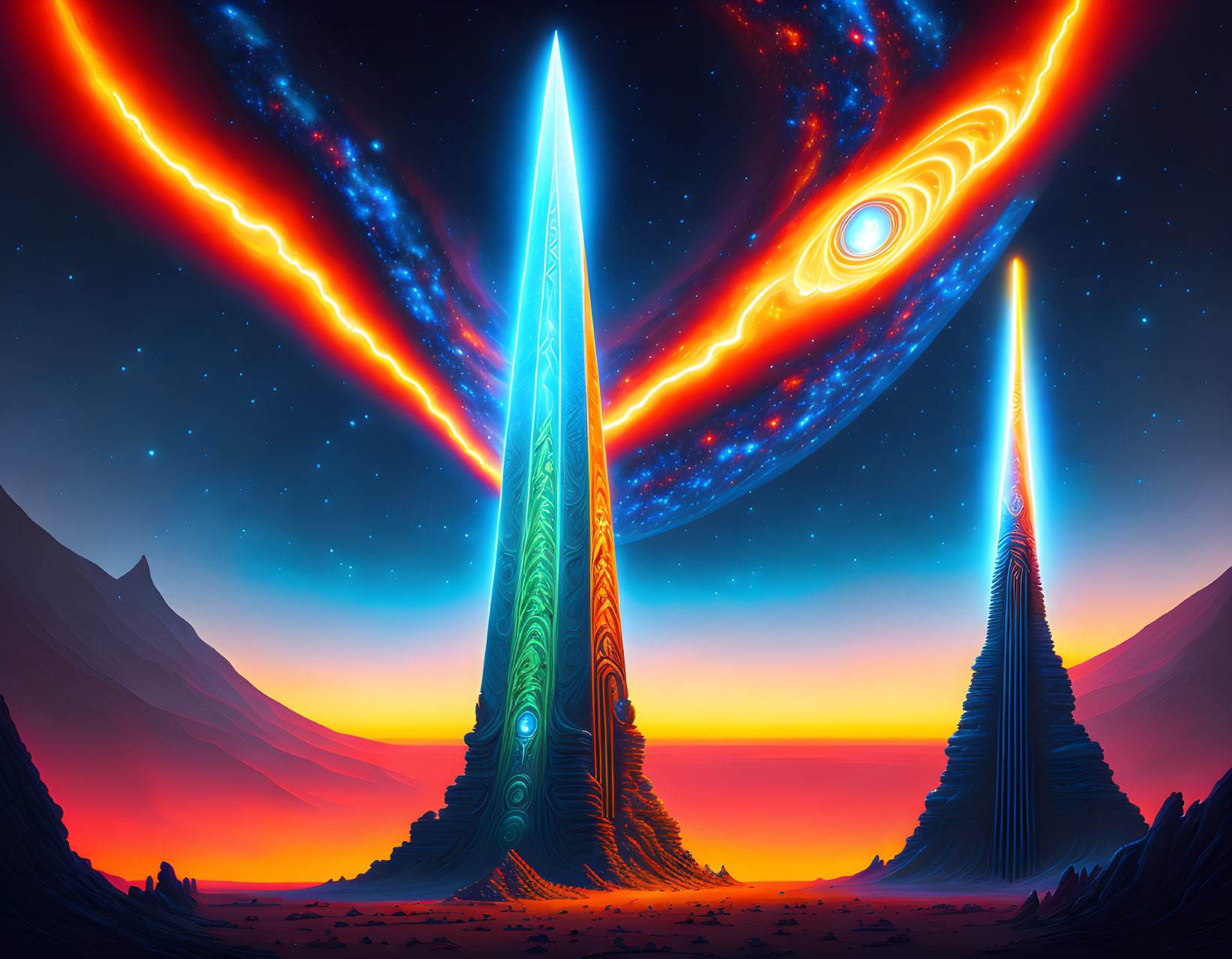 Sci-fi landscape with towering obelisks and cosmic sky at twilight