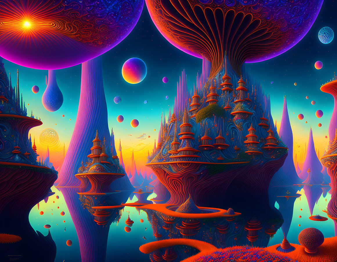 Fantastical, colorful alien landscape with floating orbs under starlit sky