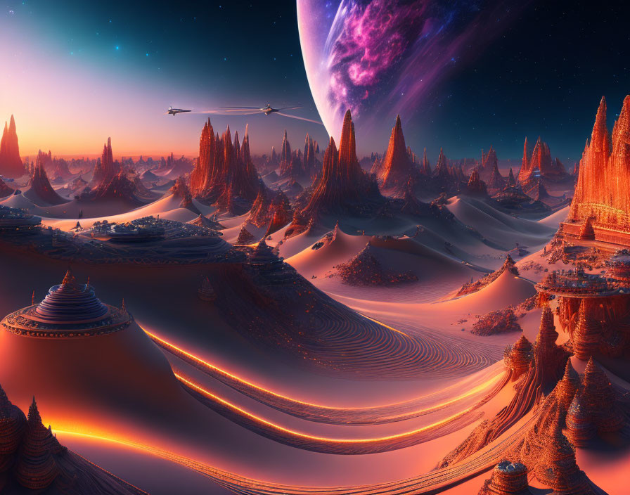 Futuristic sci-fi landscape with rock formations, sand dunes, and spaceships