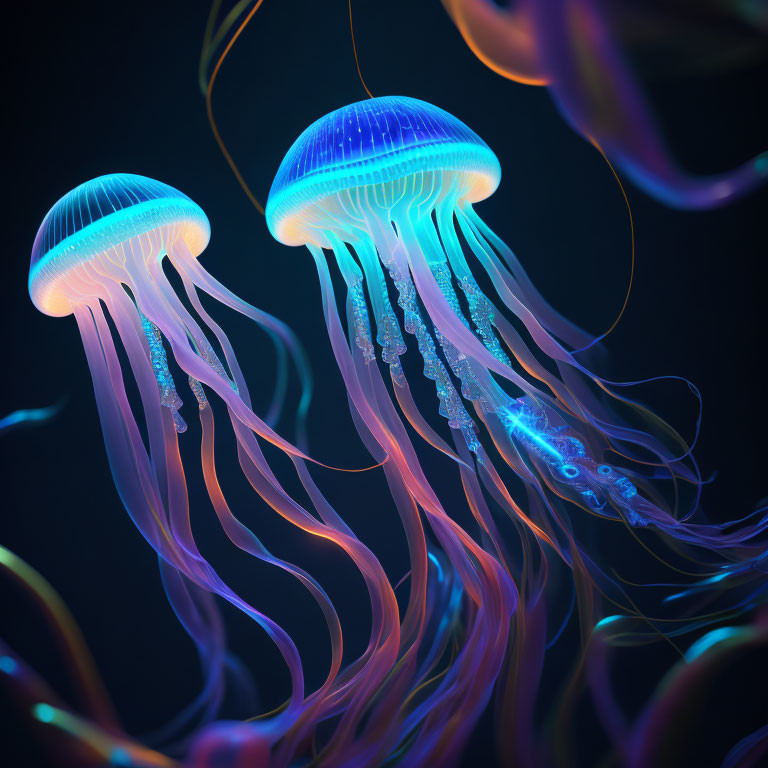 Bioluminescent jellyfish with long tentacles in blue and pink hues