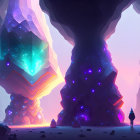 Fantastical cave with glowing crystals under starry sky