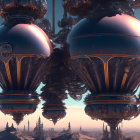 Futuristic metallic structure with spherical segments against cloudy sky