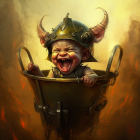 Baby in Viking helmet standing in cauldron with fiery background