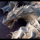 Intricately textured dragon art on smooth, wavy background