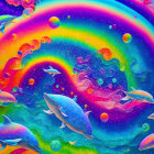 Colorful Psychedelic Digital Artwork: Whales in Cosmic Space